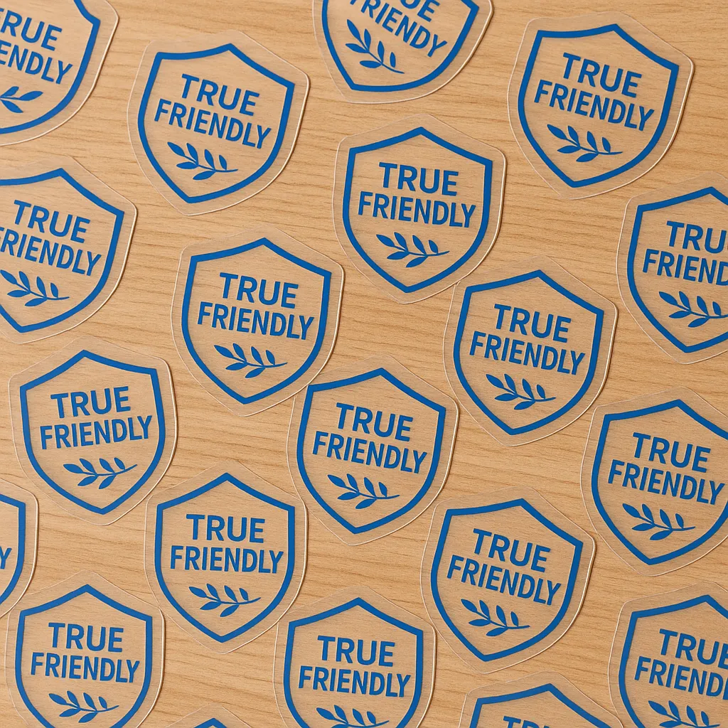 Table full of True Friendly stickers